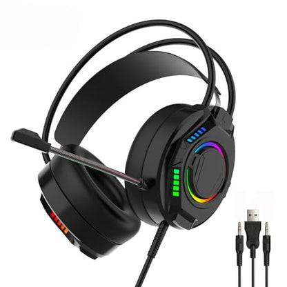 ASHATA Wired Gaming Headset, Computer Headset with Noise Cancelling Mic, 7.1 Surround Sound RGB Headphones 50mm Driver Unit Memory Foam Earpads, 3.5mm Wired (Black) - color: Black