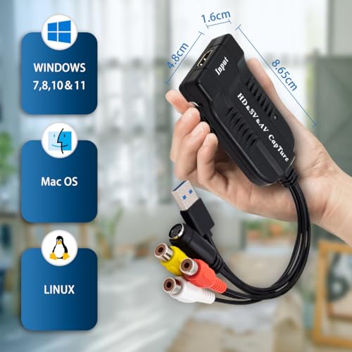 HDMI, AV, RCA, S-Video Video to USB 1080P Audio Video Capture Card Device, USB 2.0 Transfer Record Grabber,1080P HD 60fps Live Streaming Device for Gaming, Streaming,VCR, VHS, Camcorder, Video8,DVD