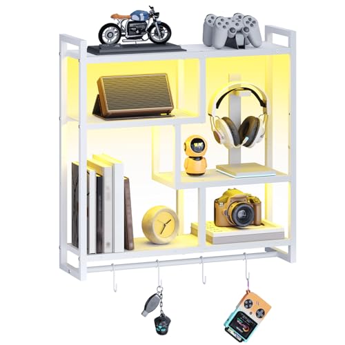 HOOBRO Gaming Floating Shelves with LED Lights, 28.7" LED Wall Mounted Shelf, 4-Tier Floating Wall Shelf for Storage, Display Rack with Hanging Bar and 4 S Hooks, for Gaming Room, White WT37DBJ01 - color: White