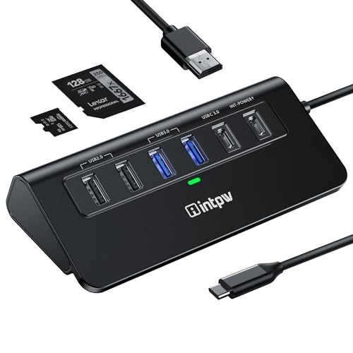 USB C Hub, intpw 9-in-1 USB Multiport Adapter with 4K HDMI, PD 100W, USB-C and 2 USB A 3.0 5Gbps, 2 USB A 2.0, SD/TF Slots for MacBook Pro/Air, iPad Pro, iPhone 15/16 Series - color: Pure Black, size: 1.64ft