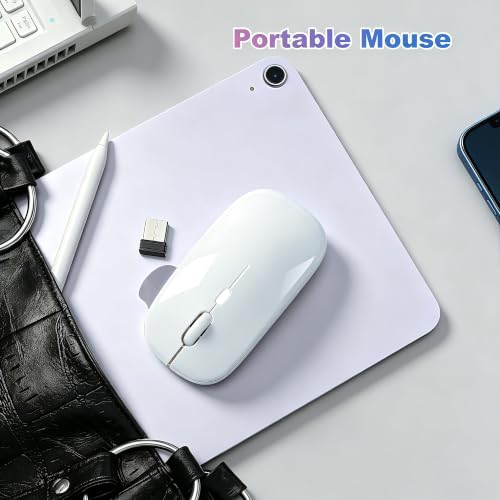 Wireless Bluetooth Mouse, Rechargeable Computer Mouse, White | Dual Mode - BT5.2 & 2.4G,Long Lasting,Silent RGB LED Mice,Slim Portable Mouse for Laptop,PC,Tablet,MacBook,iPad,Apple Devices - color: White