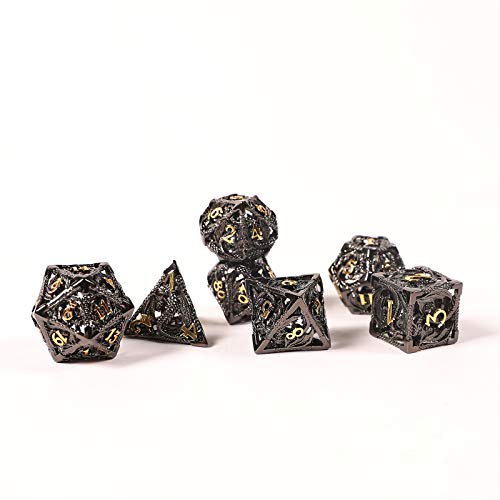 AncientDeer DND Dice Set 7 Pieces D&D Pure Copper Hollow Polyhedral | DND Dice W/ Gift Box & Dice Bag for DND RPG Explorers Savage World and Table DND Dungeons and Dragons Role Playing - color: Black Gold
