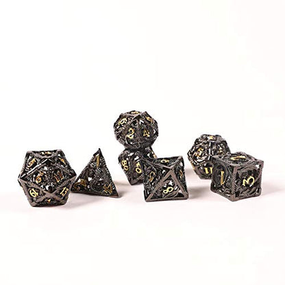 AncientDeer DND Dice Set 7 Pieces D&D Pure Copper Hollow Polyhedral | DND Dice W/ Gift Box & Dice Bag for DND RPG Explorers Savage World and Table DND Dungeons and Dragons Role Playing - color: Black Gold