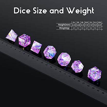DNDND Sharp Edge Dice Set,Handmade 7 Piece DND Dice with Gift Case for DND Dungeons and Dragon Game (Purple with Silver Number) - color: Purple With Silver Num