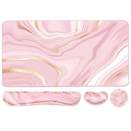 Keyboard Mouse Pad Set, Extended Mouse Pad+Keyboard Wrist Rest Support, Memory Foam Ergonomic Easy Typing, 3Pcs (35.4×15.7 in) Desk Pad Set for Home Office Study Game- Pink Gold - color: Pink Gold
