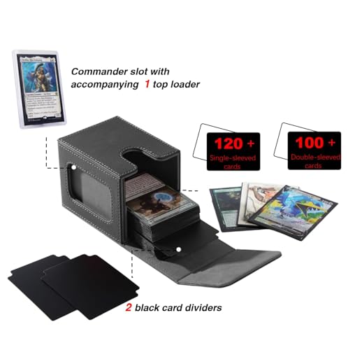 Venssu MTG Deck Box With Slot For Commander Display, Patented Design, Fits 100+ Double /120+ Single Sleeved Cards, With 2 Dividers And 1 Toploader,Compatible with board game TCG CCG (Black＆Grey) - color: Black＆Grey