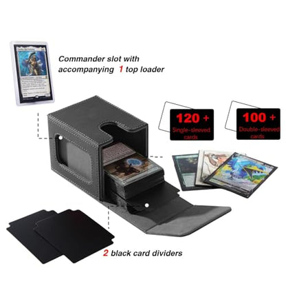 MTG Deck Box with Commander Display, Fits TCG Cards (Black＆Grey) | Holds 120 Single/100 Double-Sleeved Cards, Fit MTG/PTCG/OPTCG Cards, Strong Magnet, PU Leather, With 2 Dividers & 1 Toploader - color: Black＆Grey