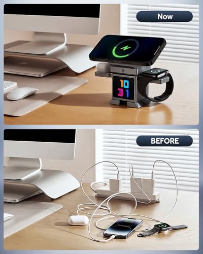 ModiTech 7 in 1 Wireless Charging Station for Apple-25W Qi2.2 Certified | Magnetic Magsafe Charger Stand for iPhone 17/16/15/14/13/12-Apple Watch-Airpods Series, Grey with Adapter - color: Grey
