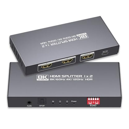 8K HDMI Splitter 1 in 2 Out 4K 120hz，HDMI 2.1 Splitter 1x2 8K 60Hz, Downscaler EDID Mode, with Spdif, 3.5mm Audio Out, Compatible with Xbox Series X, PS4 Pro, PS5, Blu-ray Player