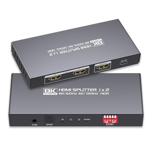 8K HDMI Splitter 1 in 2 Out 4K 120hz，HDMI 2.1 Splitter 1x2 8K 60Hz, Downscaler EDID Mode, with Spdif, 3.5mm Audio Out, Compatible with Xbox Series X, PS4 Pro, PS5, Blu-ray Player