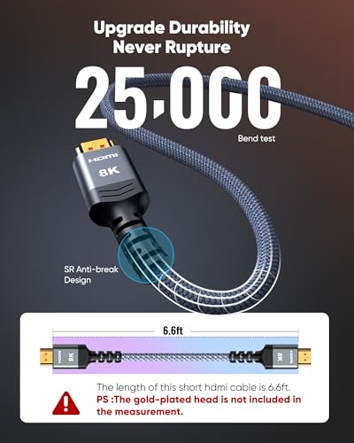Highwings 8K 10K 4K HDMI Cable 48Gbps 6.6FT/2M, Certified Ultra High Speed 2.1 HDMI Cable Braided Cord-4K@120Hz 8K@60Hz, DTS:X, HDCP 2.2 & 2.3, HDR 10 Compatible with DVD Player/PS5/HDTV/Blu-ray - size: 6 feet