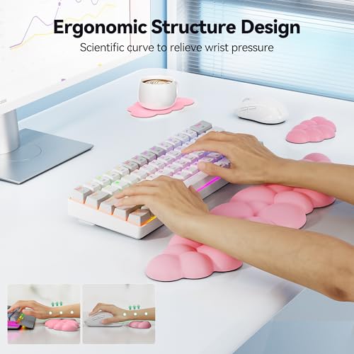 TECKNET Cloud Keyboard Wrist Rest Set, Cloud Wrist Rest with Non-Slip Base, PU Leather Wrist Pad for Keyboard with Ergonomic Memory Foam for Computer Laptop Office Gaming and Pain Relief, Dark Pink - color: Dark Pink
