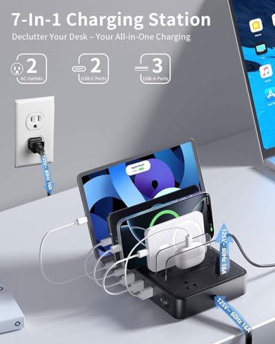 85W Charging Station for Multiple Devices,7 Port USB Charger Stations with 2 AC, 2 USB C, 3 USB A,Family Multi-Device Organizer Charging Dock -Designed for iPhone iPad Android Cell Phone Tablet,Black