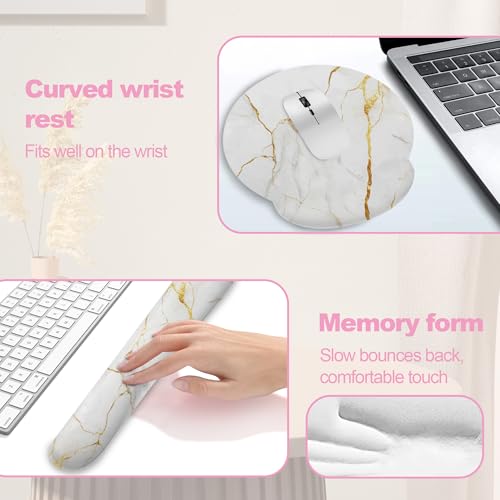White Gold Flowing Marble Mouse Pad with Wrist Rest and Keyboard Wrist Rest Set, Non-Slip Rubber Base Memory Foam Mouse Pad Set for Women, Office Desk Accessories, Gaming - color: White Gold Flowing Marble