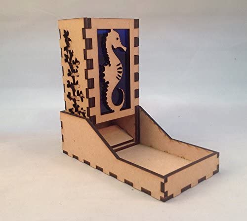 Seahorse Mini Dice Tower v1 Dark Blue Acrylic Window Laser Cut MDF Unique Fast Shipping