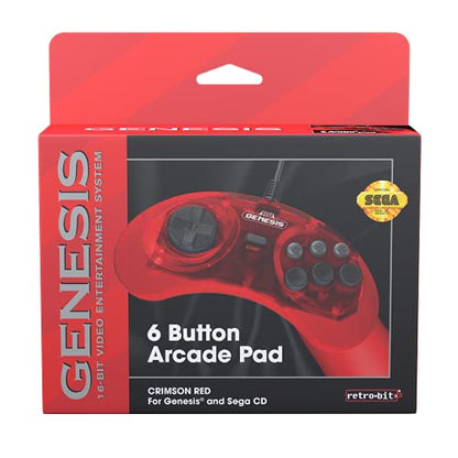 Retro-Bit Official Sega Genesis Controller 6-Button Arcade Pad for Sega Genesis - Original Port (Red) - color: Red