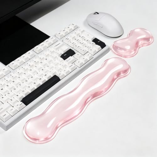 Mouse Pad with Wrist Rest, Soft Cloud Gel Keyboard Mouse Pad Set with Hand Wrist Support, Cute Non Slip Office Desk Accessories for Comfort/Pain Relief/Computer/Laptop (Pink Wave) - color: Pink Wave