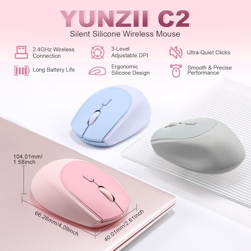 YUNZII C2 Wireless Mouse,2.4GHz Cute Silicone Noiseless Wireless Computer Mouse, Quiet Clicks, 3 Adjustable DPI, 1600 DPI Optical Tracking, Portable Ergonomic Mice for Laptop/PC/Mac (Pink) - color: Pink