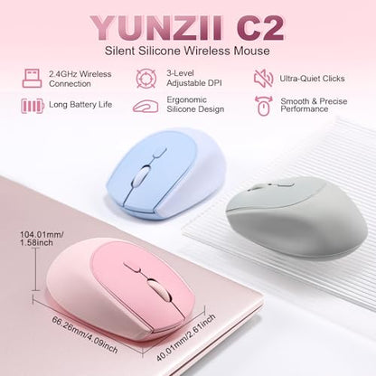 YUNZII C2 Silicone Wireless Mouse 1600 DPI Optical 2.4GHz (Pink) | 2.4GHz Connection, Noiseless Computer Mice, Quiet Clicks, 3-Level DPI, Up to 1600, Optical Tracking, for Laptop/PC/Mac - color: Pink