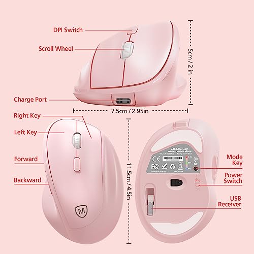 Micropack Wireless Bluetooth Mouse Ergonomic Vertical for Laptop MacBook PC Tablet Rechargeable Silent Click Multi-Device 3-Mode 2.4G Adjustable DPI Compatible with Windows Android iOS MacOS Pink - color: Pink, size: Rechargeable 3-Mode