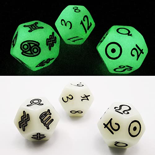 Bescon 3 Pieces Astrological Dice Set, Constellation Divination D12 Dice, Glowing in Dark Effect - color: Glowing in Dark Set