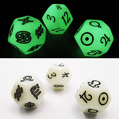 Bescon 3 Pieces Astrological Dice Set, Constellation Divination D12 Dice, Glowing in Dark Effect - color: Glowing in Dark Set