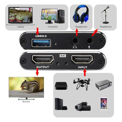 4K HDMI Capture Card with Loop Out, USB 3.0 Video Capture Device 1080P 60FPS for Streaming, PC, Plug Play Game Recording Card, Aluminum Alloy Heat Dissipation Design