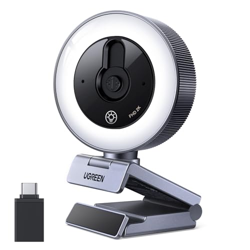 UGREEN 2K Webcam with 4-Level Ring Light | Microphone, Privacy Cover, Compatible with Switch 2, Streaming, Conference, Zoom, Teams, Computer/Laptop/MacBook