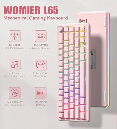 womier L65 60% Pink Mechanical Keyboard with Knob,4000mAh,Tri Mode USB-C/BT5.0/2.4G,RGB Backlit,Hot Swap,Crystal Jelly keycaps,Linear Switch,Gasket Mounted Wireless Gaming Keyboard for PC/Mac - color: Pink Jelly