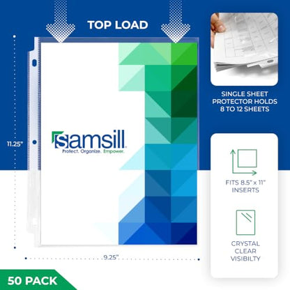 Samsill 50 Pack Heavy Duty Sheet Protectors, Crystal Clear, 8.5x11 Inch Page Protectors for 3 Ring Binder, Letter Size Protectors with Reinforced Holes, Clear Protector, Top Loading, Acid Free - size: 50 Pack, style: Crystal Clear
