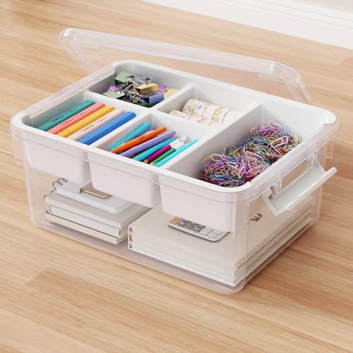 20Qt Stackable Storage Bin with Lid & Tray, Clear Plastic Latching Box Organizer with Divider Portable 5Gal Container for Arts & Crafts, Home and Car Trunk Organization, 1Pack - color: Clear White, size: 20QT-1Pack
