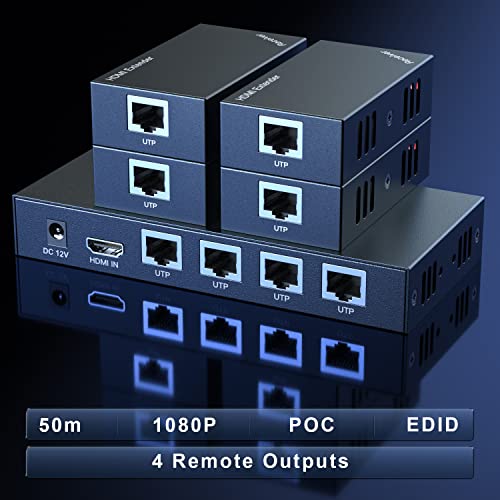 HDMI Extender Splitter 1x4 1080P@60Hz Over Cat 5E/6/7 Ethernet Cable 165ft | Support EDID Copy POC Function (1 in 4 out), for Church, Classroom, Business Activity, Multi Video Displays - size: 1x4 1080P 165ft