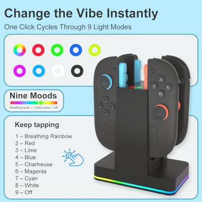 Switch 2 JoyCon Charging Dock for Nintendo Switch Controller Charger, Accessories for Nintendo 1/2 Charging Station with RGB Light - 4 in 1 Charge Switch2 with 60cm USB- C Power Cord - size: 60cm