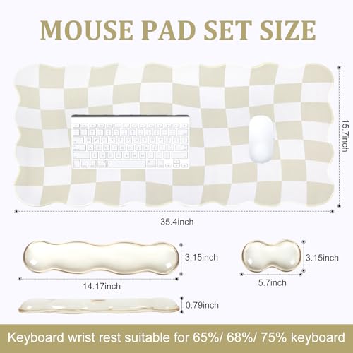 L-SPOUTTO Beige Checkered Mouse Pad Set,Scalloped XXL Desk Mat + Ergonomic Mouse Wrist Rest + Gel Keyboard Wrist Rest for Keyboard 65%/75%,3in1 Large Desk Pad for Desktop Home Office Computer Game - color: Beige Checkered