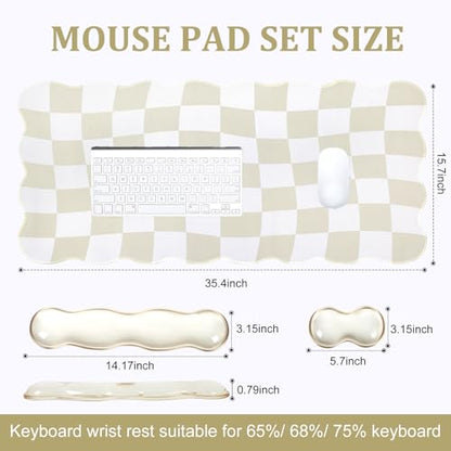L-SPOUTTO Beige Checkered Mouse Pad Set,Scalloped XXL Desk Mat + Ergonomic Mouse Wrist Rest + Gel Keyboard Wrist Rest for Keyboard 65%/75%,3in1 Large Desk Pad for Desktop Home Office Computer Game - color: Beige Checkered