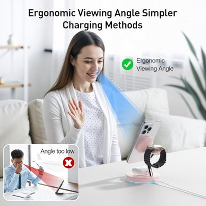 【Adjustable Blue Ambient Light】 Wireless Charger 3 in 1 for iPhone, Magnetic Charging Station for Apple Family,15W Fast MagSafe Charger Stand,for iPhone17-12-iWatch AirPods Series - color: Pink