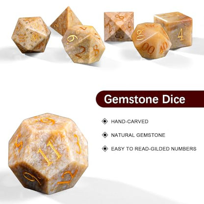 Natura Chrysanthemum Stone Dice Set, 7-Piece Handcrafted Polyhedral Dice with Gold Engraving, Ideal for D&D, RPG, MTG & Tabletop Games, Gift Box Included (Chrysanthemum Stone) - color: Chrysanthemum Stone
