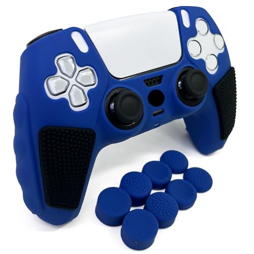 Anti-Slip Blue PS5 Controller Skin,Soft Thicken Studded Protective Silicone Cover Skin Grips Compatible with PS5/Slim/Pro Controller and 8 PCS Thumb Grips Caps. - color: Blue&Black