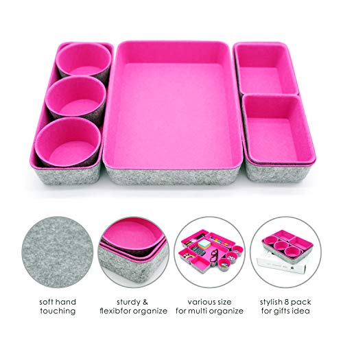 Welaxy Felt Desk Drawer Organizer Trays, 8-Piece Storage Bins for Jewelry, Office Supplies & Entryway Catchall (Hot pink) - color: Hot pink