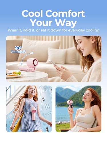 Portable Handheld Turbo Fan with Cooling Plate, 1-199 Speeds, LED Display | 4000mAh USB-C rechargeable battery, 15000 RPM motor, neck and desk modes for travel, office and camping - color: pink