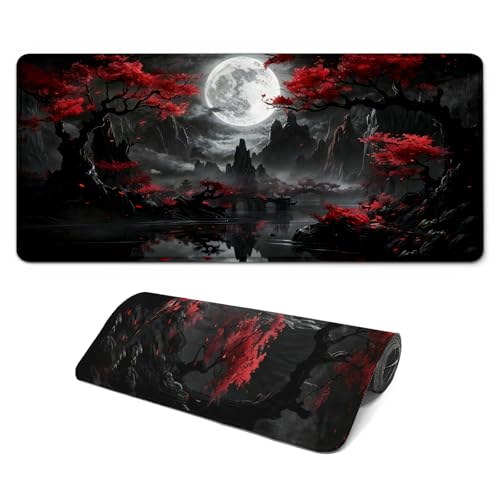 Gaming Mouse Pad with Anti-Slip Rubber Base, Extended Large Computer Mouse Mat with Stitched Edges, Long XL Anime Mousepad for Laptop and Keyboard, 31.5 x 11.8 inch (Dark Full Moon) - color: Dark Full Moon