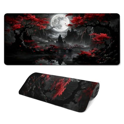Gaming Mouse Pad with Anti-Slip Rubber Base, Extended Large Computer Mouse Mat with Stitched Edges, Long XL Anime Mousepad for Laptop and Keyboard, 31.5 x 11.8 inch (Dark Full Moon) - color: Dark Full Moon