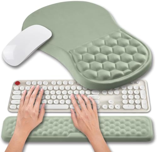 Hokafenle 2 in 1 Ergonomic Mouse Pad Wrist Support & Wrist Rest for Computer Keyboard Set, with Relieve Carpal Tunnel Pain Massage Bulge and Full Memory Gel Design (2In1 Set, Light Green) - color: Hk008-light Green