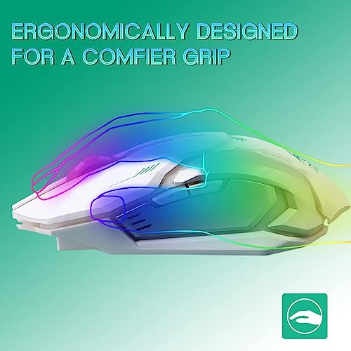 VEGCOO White Wireless Gaming Mouse, Silent Click Wireless Mouse with 3 Level DPI, Rechargeable Computer Mice with Colorful RGB LED Lights and Side Buttons for Laptop and Desktop - color: White
