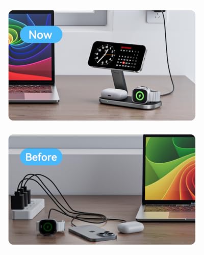 3-in-1 Charging Station for Apple Device, Qi2 25W Certified Magnetic Wireless Foldable Fast Charger Stand Compatible with MagSafe for iPhone 17e/17/16/15/14/13/12/Air Series, Apple Watch & AirPods - color: MatteBlack