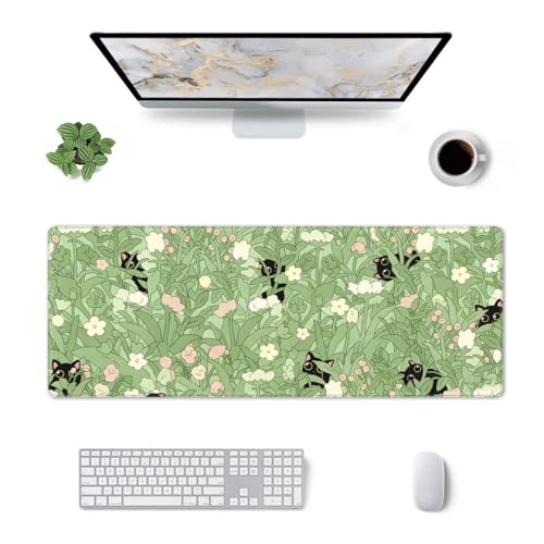 Large Gaming Mouse Pad Desk Mat, Kawaii Black Cat and Floral Extended Keyboard Mouse Pad Mousepad with Non-Slip Base and Stitched Edge Mouse Mat Desk Pad Mouse Pads for Desk Home Office, 31.5 x 11.8 - color: Kawaii Black Cat