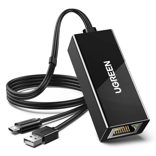 UGREEN Ethernet Adapter for Fire TV Stick, Micro USB to Ethernet Adapter with 3.3 ft Cable & Power Cord, Compatible for Fire Stick Basic/2nd/4k/Lite, Chromecast 1/2/3/Ultra/Audio, Plug & Play, 100Mbps