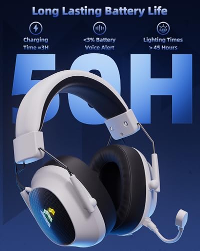 Mytrix Tac Master 2.4GHz Wireless Gaming Headset with Noise Canceling Microphone for PC, PS4, PS5, Mac, Bluetooth 5.3 Gaming Headphones with RGB Light, Surround Sound, 50H Battery (White)