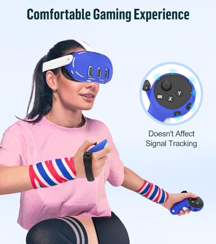 Silicone Cover Set Compatible with Meta Oculus/Quest 3, VR Accessories Protective Cover Includes Controller Grips, Front Shell Headset Cover and Face Cover, Not Fit Quest 3S (Blue) - color: Blue