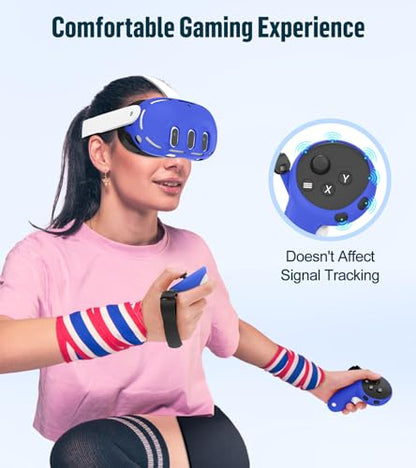 Silicone Cover Set Compatible with Meta Oculus/Quest 3, VR Accessories Protective Cover Includes Controller Grips, Front Shell Headset Cover and Face Cover, Not Fit Quest 3S (Blue) - color: Blue